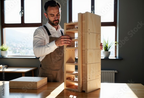 Man Assembling Wooden Furniture in Sunlit Workshop.