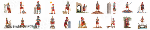 Foto Comprehensive set of eighteen illustrations featuring ancient Roman legionary soldiers in various historical scenes and poses, including armor, weapons, and classical ruins