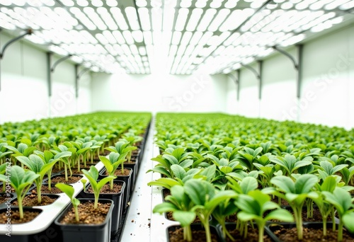 Rows of Young Plants in Modern Greenhouse.