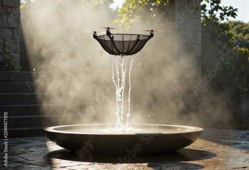 Serene Fountain with Mist in Sunlit Garden.