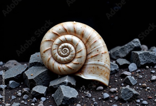 Spiral seashell on rocky surface with dark background.