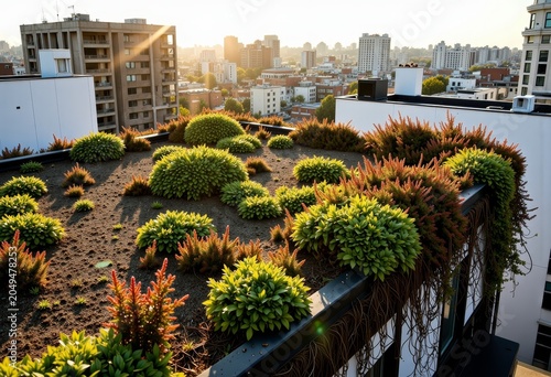 Urban rooftop garden with lush greenery at sunset.