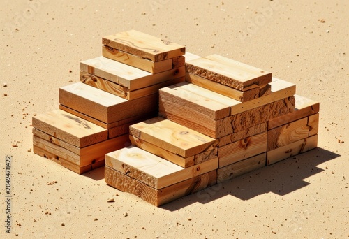 Wooden blocks stacked in a desert setting.
