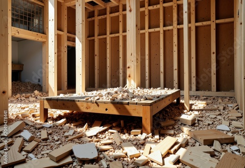 Wooden construction site with debris and framework.
