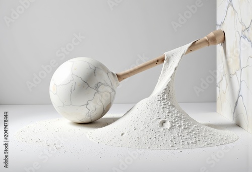 Wooden spoon pouring white powder on surface.