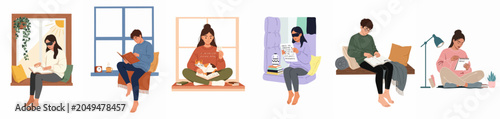 Bilde på lerret Set of diverse people reading Braille books and learning alphabet at home, representing inclusivity, accessibility, and education for the blind and visually impaired