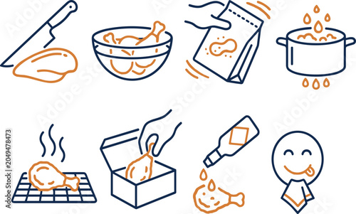 Fried Chicken Cooking Instructions Sequence Line Icon Set Showing Preparation Cutting Marinating Coating Frying Cooling Packaging Saucing and Eating Stages