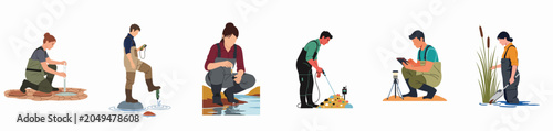 Fotografie Set of environmental scientists and biologists in waders conducting field research, water sampling, and ecological monitoring in diverse wetland and aquatic environments