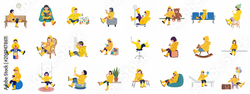 Foto Comprehensive set of illustrations showing young children in yellow raincoats and boots participating in diverse daily and medical-themed activities