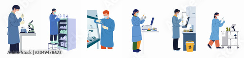 Quadro su tela Vector illustration set of laboratory scientists and medical researchers working with equipment, vaccines, and samples in a clinical lab environment