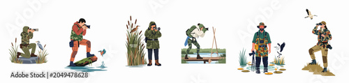 Schilderij op canvas Collection of wildlife photographers in camouflage gear capturing birds and nature in diverse wetland environments, flat vector illustration set