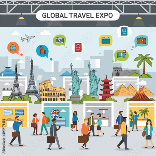 Global travel expo with landmarks and travelers