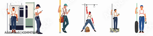 Fotografie Diverse collection of men commuting on public transportation, including the subway and metro, featuring various daily activities in a modern flat illustration style