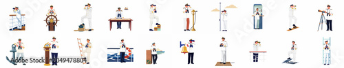 Fotografie Set of maritime ship captain characters in white uniforms, performing various nautical duties like navigating, observing with binoculars, and steering