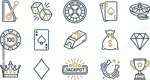 Bild auf Leinwand Casino Gambling and Luxury Jackpot Line Icon Set Featuring Slot Machine Lever Di