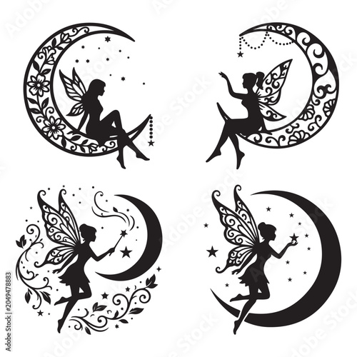 Fairy on the moon silhouette vector design element set