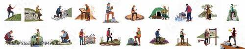 Foto Collection of flat vector illustrations depicting archaeologists and historians exploring ancient burial mounds, megalithic tombs, and historical sites in nature