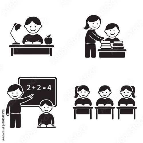 School children and classroom education icon set vector