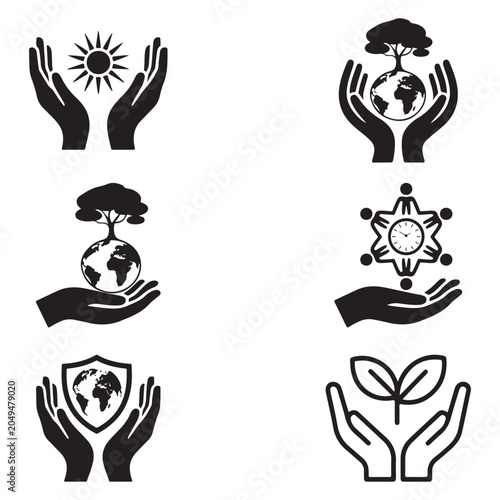 Hand holding earth and nature protection icon set vector