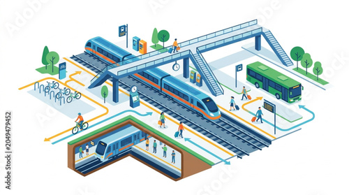 Isometric view of a multimodal transportation hub featuring high-speed trains, a subway, a bus, and cyclists, illustrating urban connectivity and modern transit systems