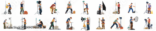 Obraz na płótnie Comprehensive collection of film production crew illustrations showing gaffers and grips setting up professional lighting and camera equipment on a studio set
