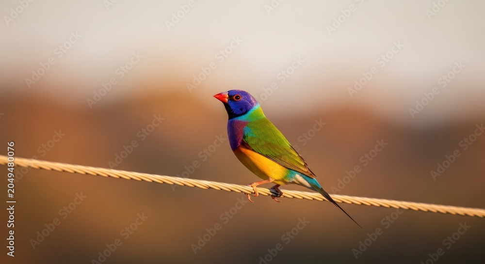 Fototapeta premium Vibrant Gouldian finch perched on a rope with a soft, blurred background.