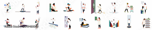 Canvas-taulu Diverse collection of vector illustrations depicting a female scientist and engineer exploring advanced technology, neuroscience, and data analysis