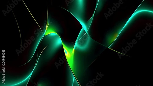 Abstract background with flowing glowing green light waves on a black background.