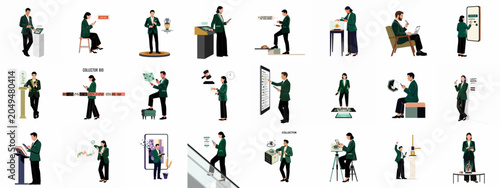 Fotografía Flat vector illustrations of professional art collectors and bidders using digital technology for auctions, financial analysis, and luxury item acquisition