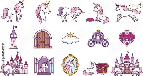 Photos Cute Unicorn Fairytale Element Collection with Princess Castle, Magic Carriage,