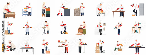 Bild auf Leinwand Set of diverse pastry chefs using blowtorches to caramelize and decorate various gourmet desserts, flat vector illustrations isolated on a white background