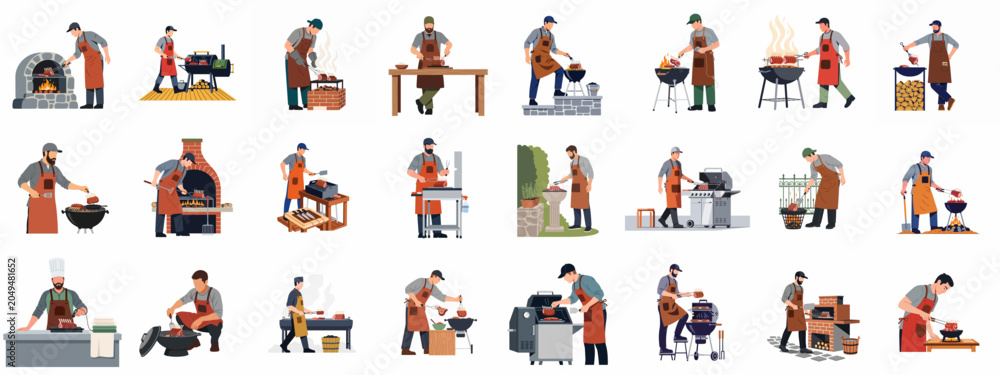 Fototapeta premium Set of flat vector illustrations featuring diverse men grilling and smoking meat using various types of outdoor barbecue equipment and ovens.
