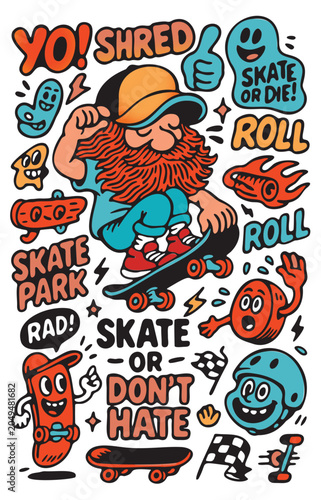 Cool skateboard character doodle art and typography for streetwear design