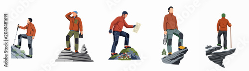 Obraz na płótnie Collection of flat vector illustrations depicting hikers in various poses climbing rocks, using maps, and scouting terrain for outdoor adventure and travel