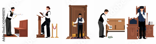 Obraz na płótnie Vector illustration of professional theater staff, including ushers, doormen, and receptionists performing various duties in a formal venue or hospitality setting