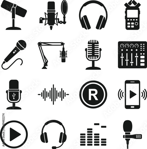 Graphic collection of modern recording studio equipment icons featuring microphones headphones mixers and audio production tools for professional podcasting platforms.