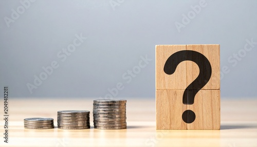 Coin stacks with question mark block symbolizing financial uncertainty