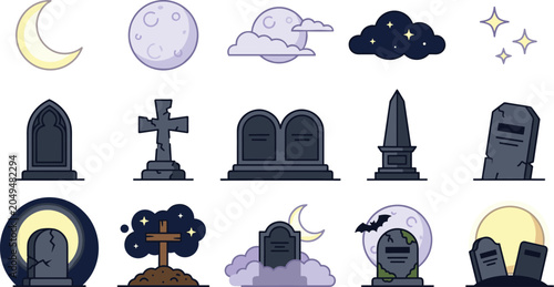 Tableau sur toile Halloween Cemetery and Graveyard Icon Collection Featuring Tombstones, Moonlit C