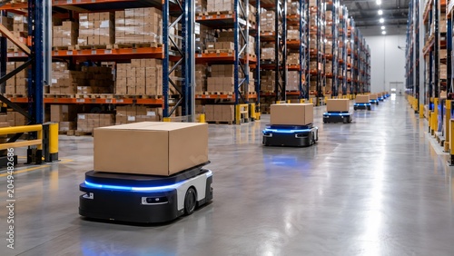 Fotografie Autonomous warehouse robots transporting boxes through logistics center