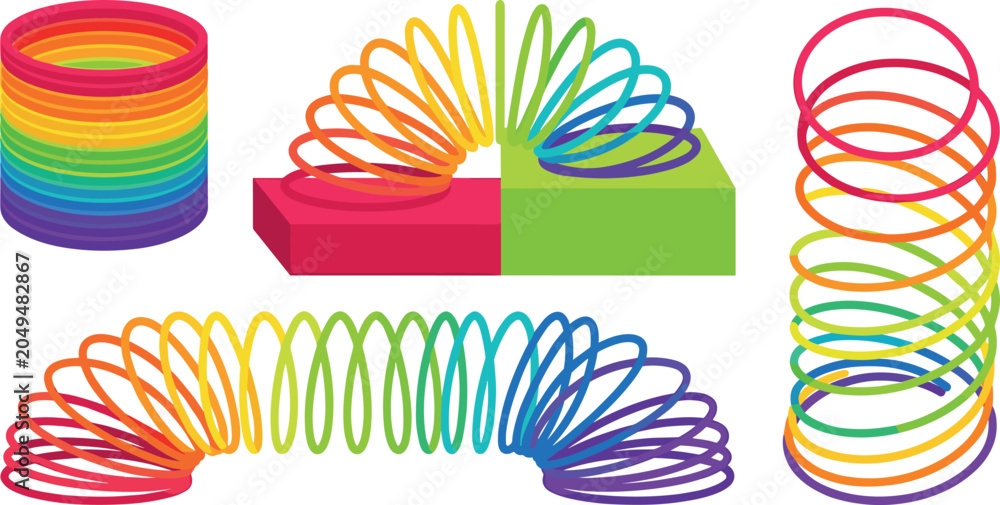 Obraz premium Retro Rainbow Magic Spring Toy Set with Various Angles and Shapes Showing Coiled Stretched and Bending Positions Flat Vector Illustration Collection