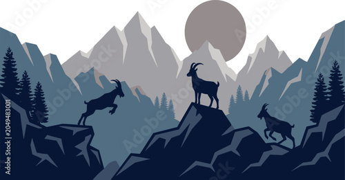 Foto Mountain Goat Wildlife Landscape Illustration with Alpine Peaks, Forest Silhouet