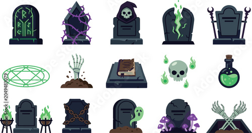 Φωτογραφία Spooky Halloween Graveyard Asset Collection with Haunted Tombstones, Magic Potio