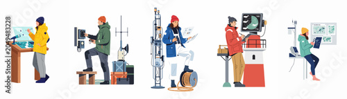 Foto Vector illustrations of polar researchers and marine biologists conducting scientific fieldwork, monitoring wildlife, and analyzing data in arctic or antarctic environments