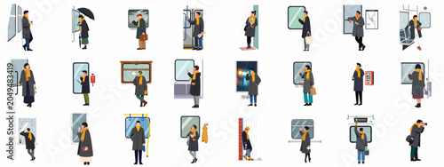 Quadro su tela A collection of various people in winter coats and scarves commuting on a train or standing in the rain, displayed as separate cartoon illustrations