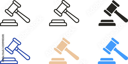 Obraz na płótnie Five different styles of judge's gavel icons in various