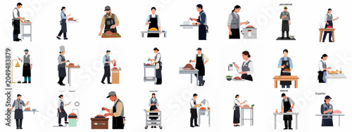 Schilderij op canvas Collection of illustrations showing professional kitchen expediters checking food temperature with digital probes to ensure food safety in a restaurant environment