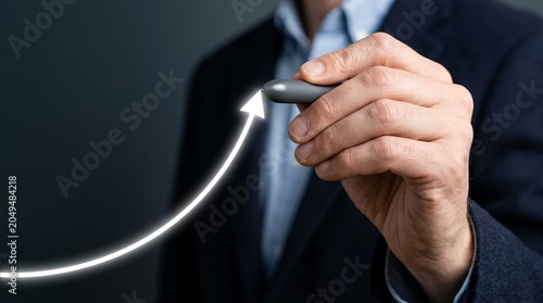 Businessman holding stylus drawing an upward trend arrow indicating business growth and financial success representing progress and positive development finance chart graph
