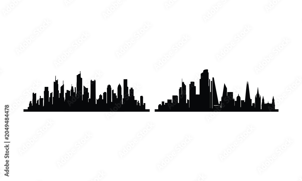 Obraz premium Detailed city skyline silhouettes showing urban buildings and skyscrapers for architectural use