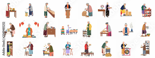 Tableau sur toile Collection of illustrations featuring an elderly Chinese woman preparing and serving traditional dim sum and tea in various scenes