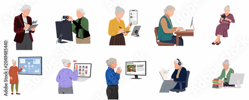 Set of active senior women using modern technology for work, lifelong learning, and digital communication, flat vector illustration isolated on white
